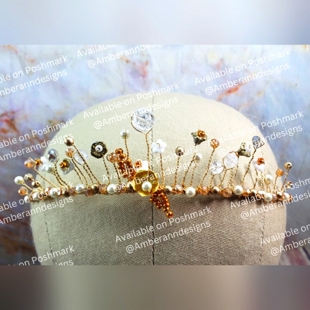 One Of A Kind Adjustable Gold Crystal Floral Tiara